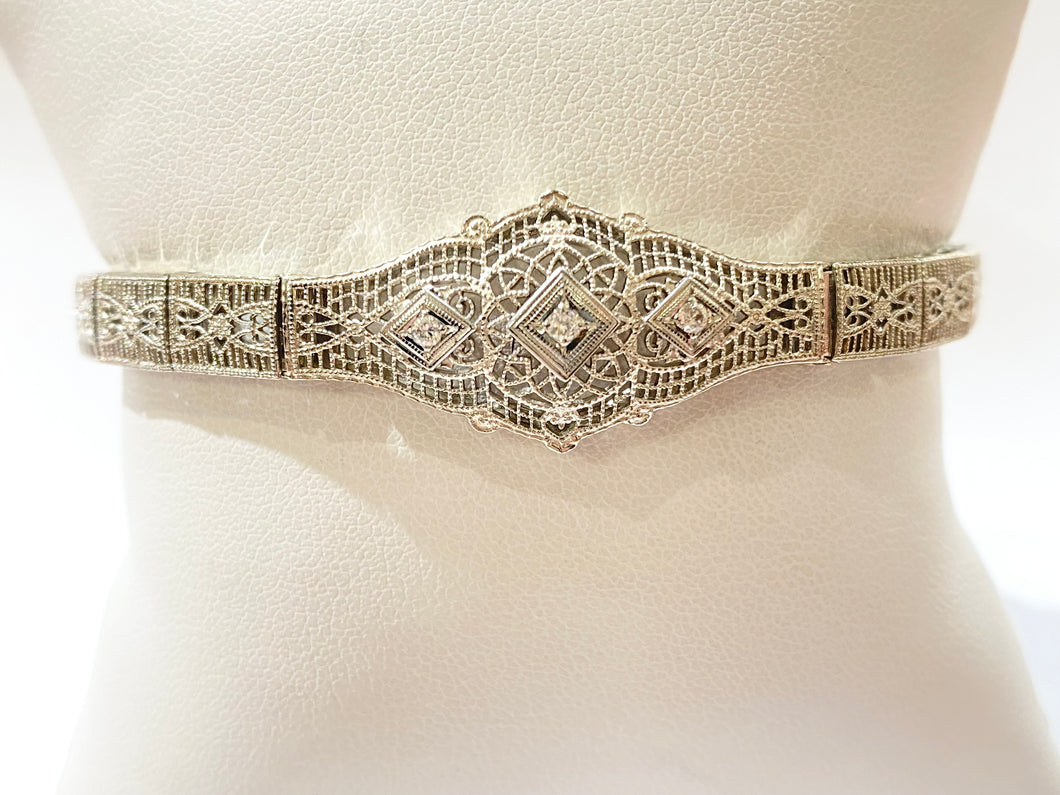 Mid-Century Era Filigree Bracelet w/Diamond accents - White Gold