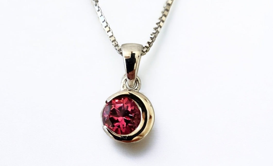 Crescent Moon Pendant with Pink Tourmaline - White Gold