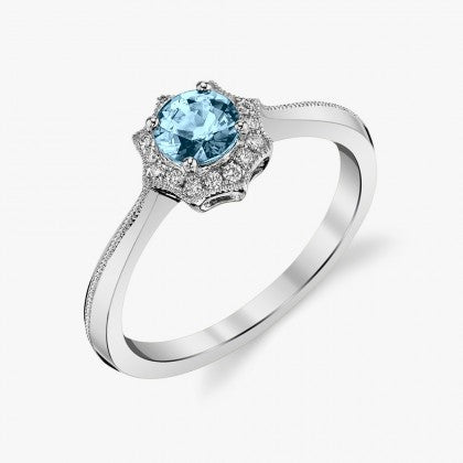 Aquamarine Ring w/ Star Diamond Halo - White Gold