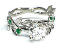 Load image into Gallery viewer, Diamond Leaf Ring with Emerald Accents - White Gold