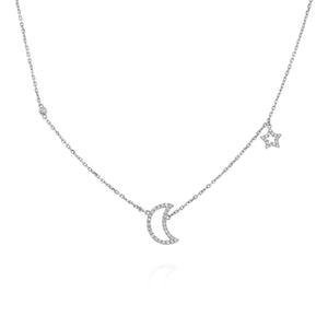Moon & Stars Diamond Necklace - White Gold