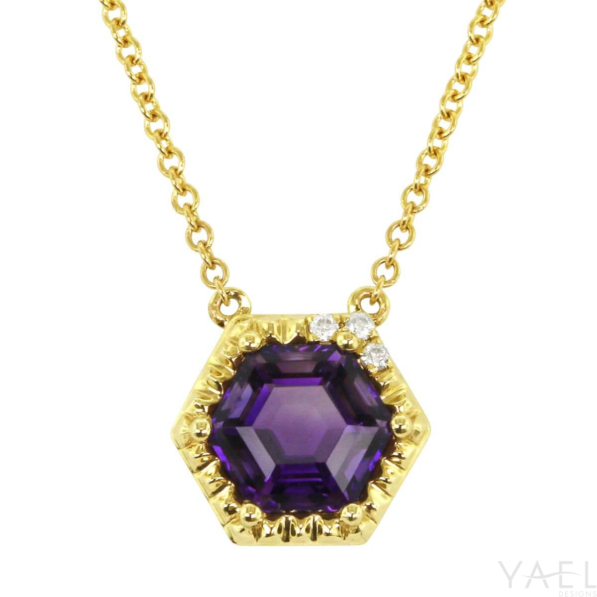 Hexagon Amethyst Necklace with Diamond Accents - Yellow Gold