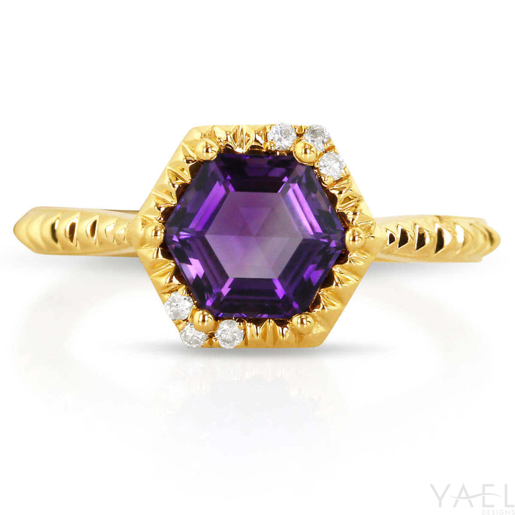 Hexagon Amethyst Ring with Accenting Diamonds - Yellow Gold