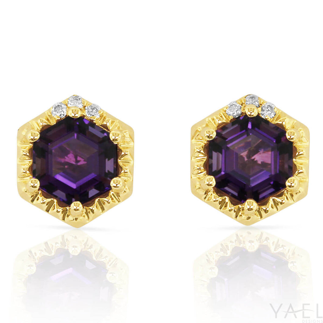 Hexagon Amethyst Earrings with Accenting Diamonds - Yellow Gold