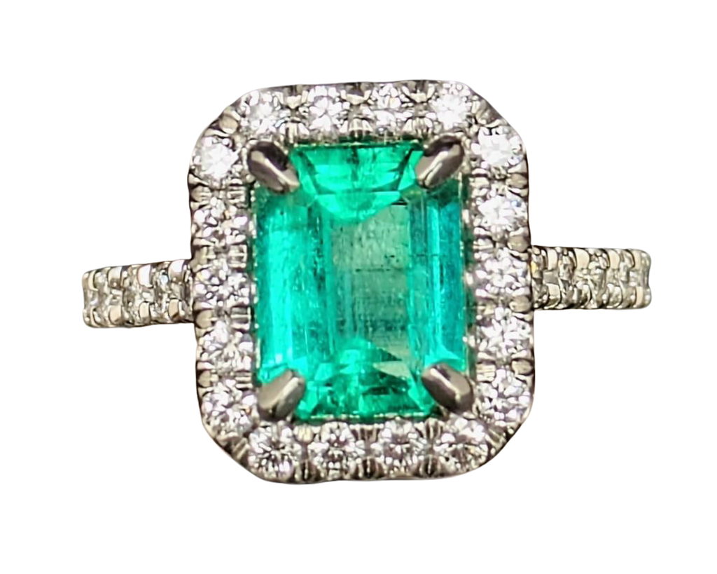 2.94ct Colombian Origin Emerald Ring with Diamond Halo and Accented Shank - Platinum