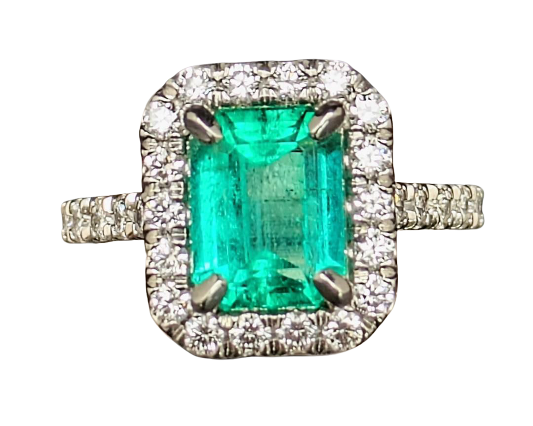2.94ct Colombian Origin Emerald Ring with Diamond Halo and Accented Shank - Platinum