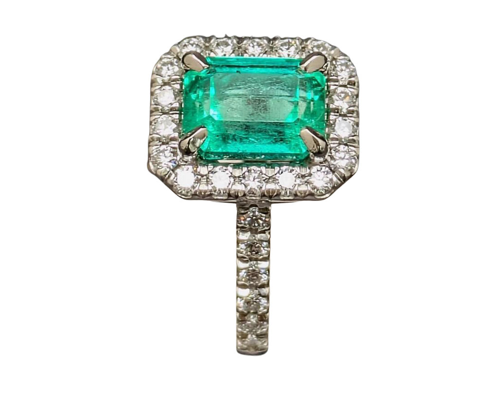 2.94ct Colombian Origin Emerald Ring with Diamond Halo and Accented Shank - Platinum