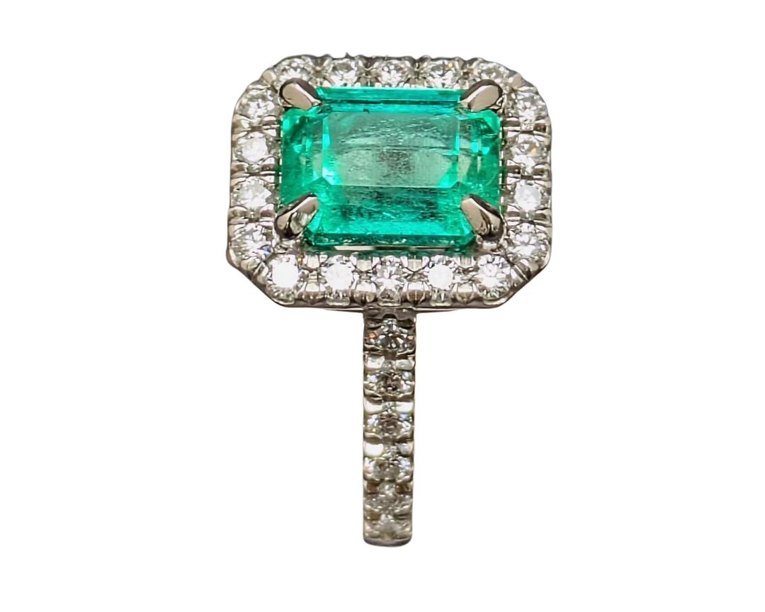 2.94ct Colombian Origin Emerald Ring with Diamond Halo and Accented Shank - Platinum