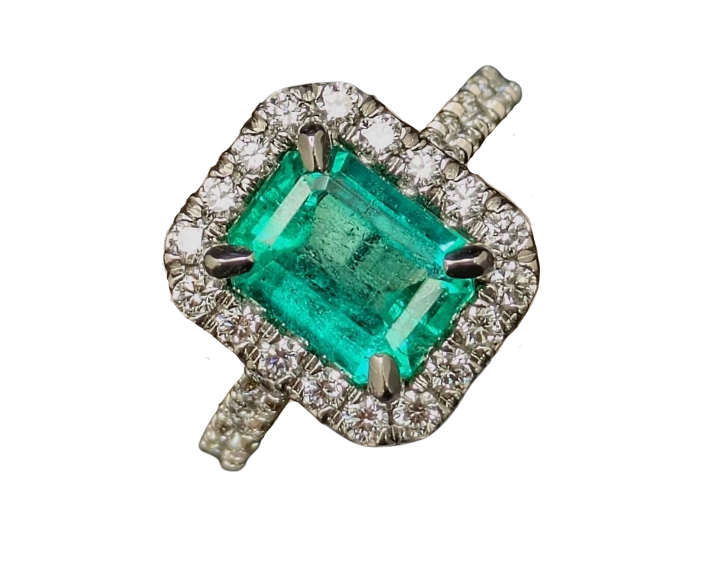 2.94ct Colombian Origin Emerald Ring with Diamond Halo and Accented Shank - Platinum
