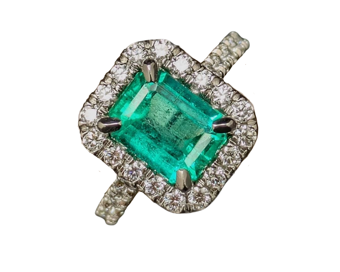 2.94ct Colombian Origin Emerald Ring with Diamond Halo and Accented Shank - Platinum