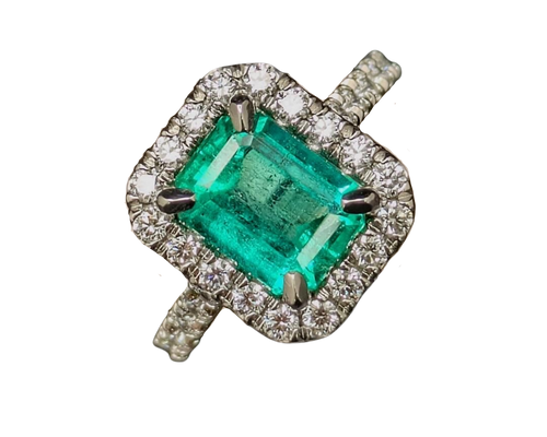 2.94ct Colombian Origin Emerald Ring with Diamond Halo and Accented Shank - Platinum