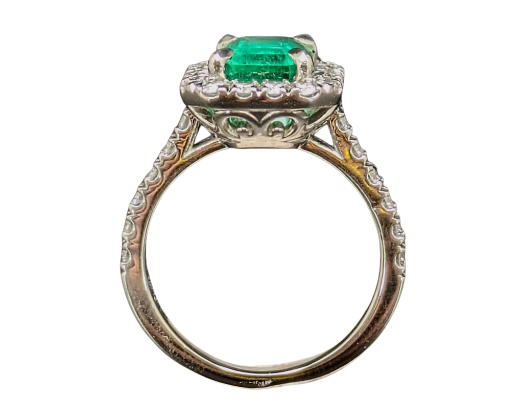 2.94ct Colombian Origin Emerald Ring with Diamond Halo and Accented Shank - Platinum