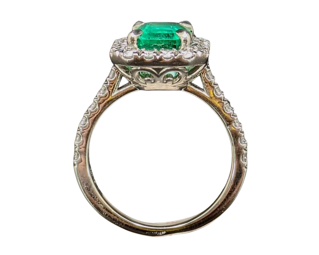 2.94ct Colombian Origin Emerald Ring with Diamond Halo and Accented Shank - Platinum