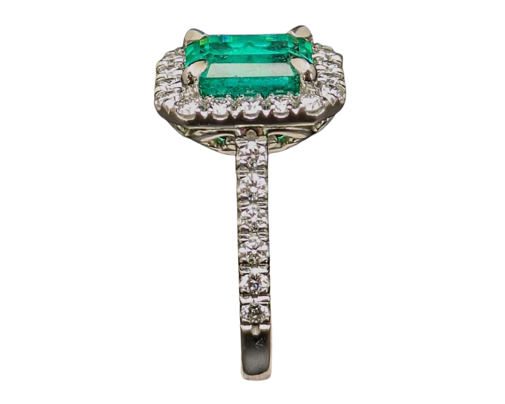 2.94ct Colombian Origin Emerald Ring with Diamond Halo and Accented Shank - Platinum