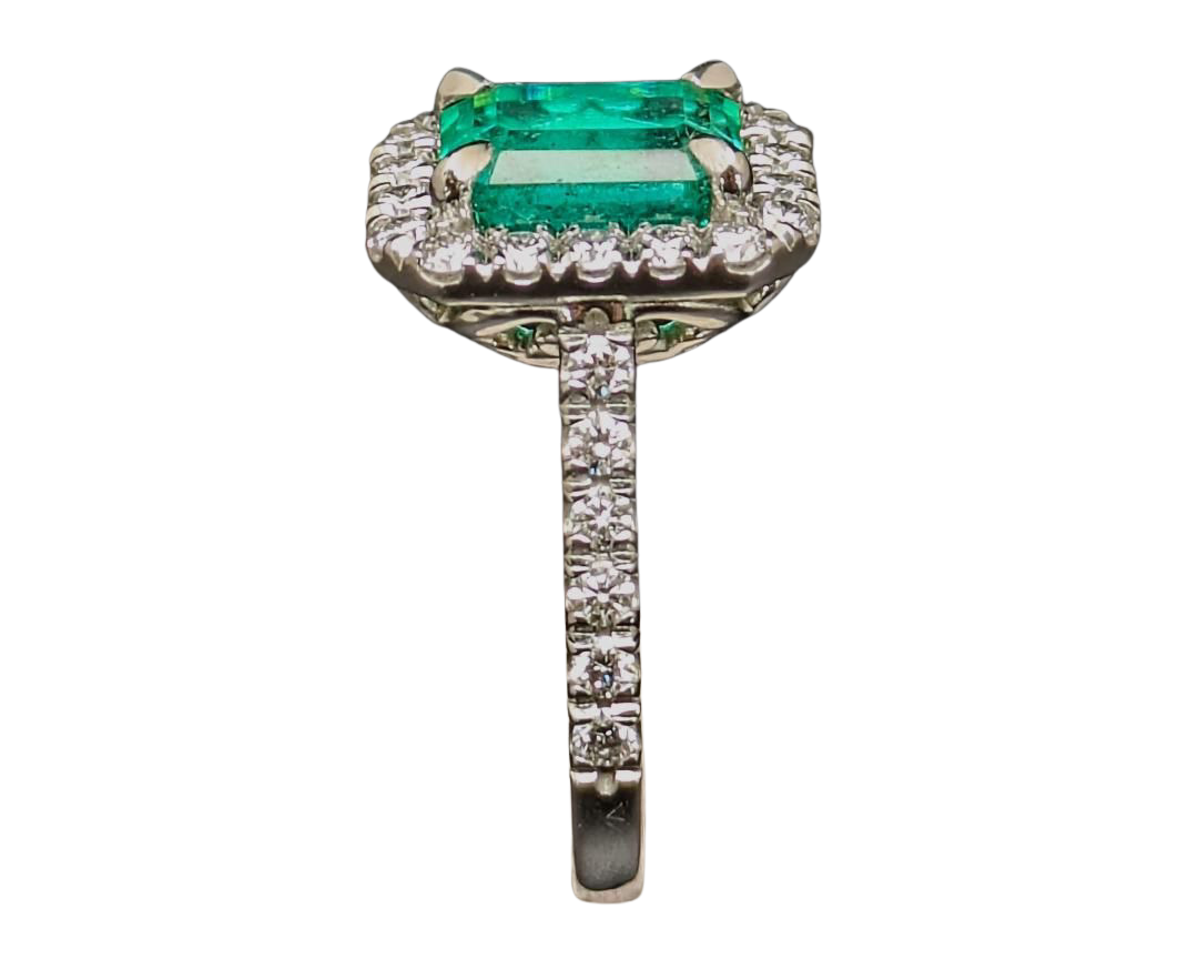 2.94ct Colombian Origin Emerald Ring with Diamond Halo and Accented Shank - Platinum