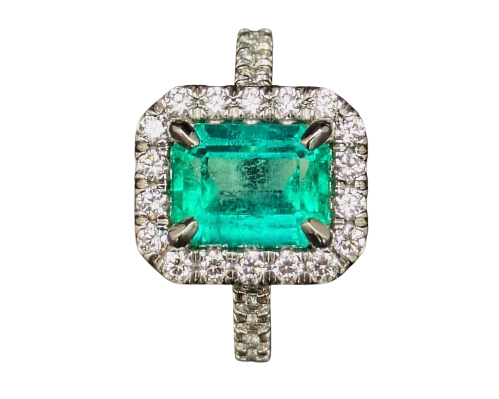 2.94ct Colombian Origin Emerald Ring with Diamond Halo and Accented Shank - Platinum