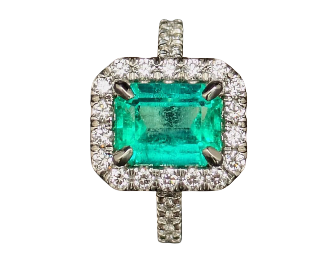 2.94ct Colombian Origin Emerald Ring with Diamond Halo and Accented Shank - Platinum