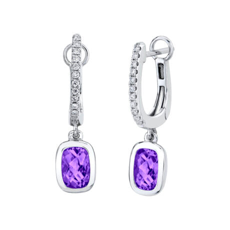 Amethyst Bezel Earrings with Diamond Accents - White Gold