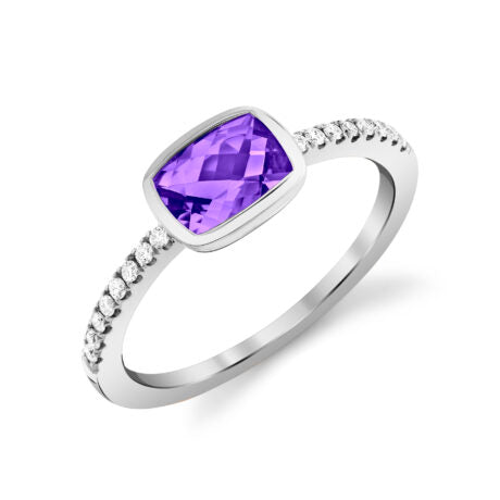 Amethyst Bezel Ring with Diamond Accents - White Gold