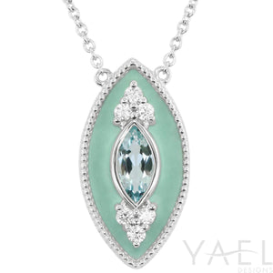 Aquamarine, Diamond, and Teal Enamel Necklace - White Gold