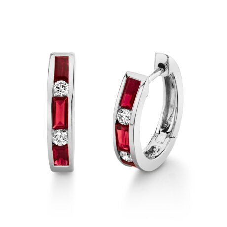 Ruby and Diamond Channel Set Huggie Style Hoop Earrings - White Gold