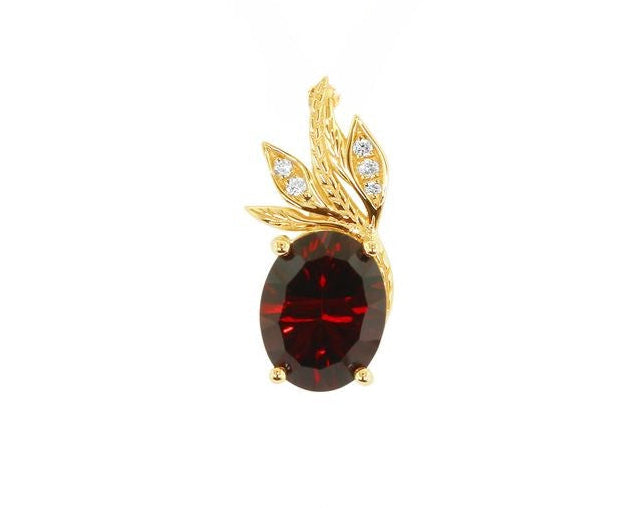 Garnet Pendant with Leaf Design - Yellow Gold