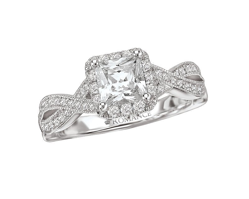 Princess Cut Ring with Diamond Halo and Twist Shank - White Gold