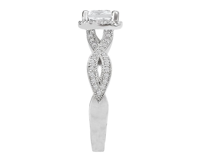 Princess Cut Ring with Diamond Halo and Twist Shank - White Gold