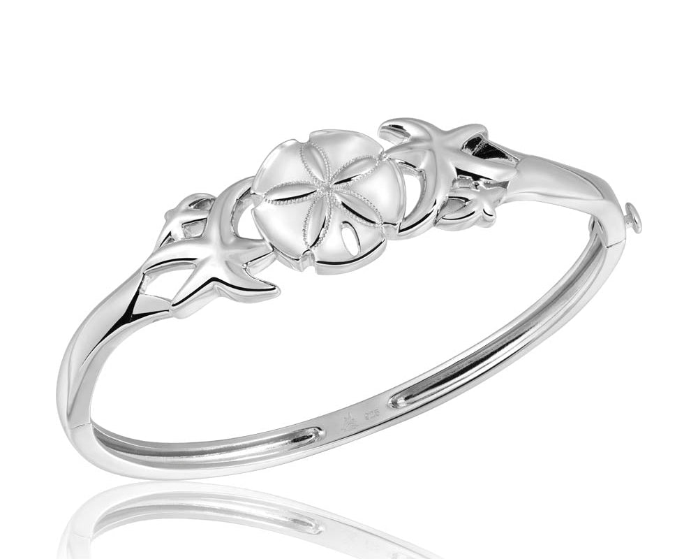 Ocean Mix Hinged Bangle Featuring Sand Dollars and Starfish - Sterling Silver