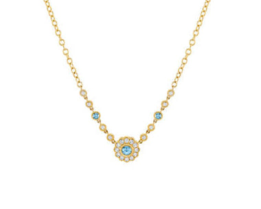 Aquamarine and Diamond Necklace with Milgrain Detail - Yellow Gold
