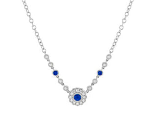 Sapphire and Diamond Necklace with Milgrain Detail - White Gold