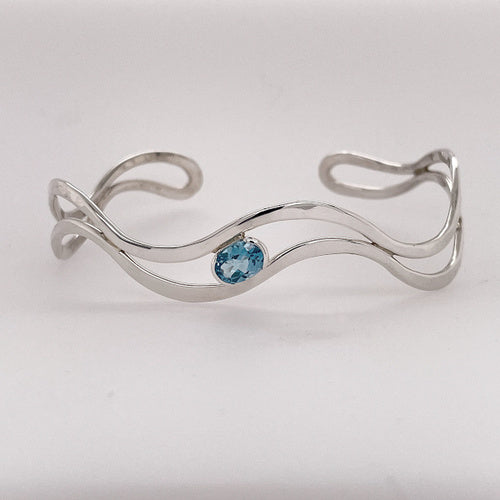 Double Wave Cuff Bracelet with Blue Topaz - Silver