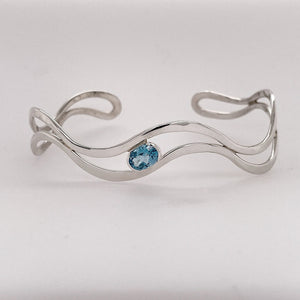 Double Wave Cuff Bracelet w/Blue Topaz - Silver