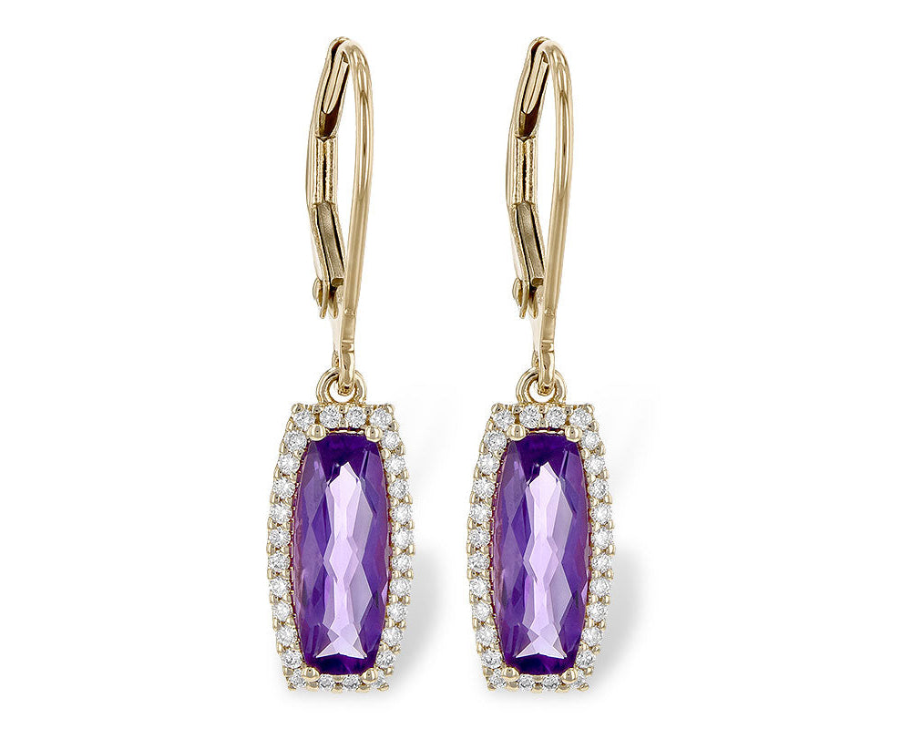 Amethyst Dangle Earrings with Diamond Halo - Yellow Gold