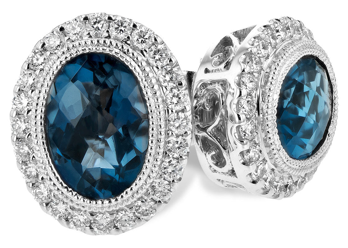 London Blue Topaz Earrings with Diamond Halo - White Gold