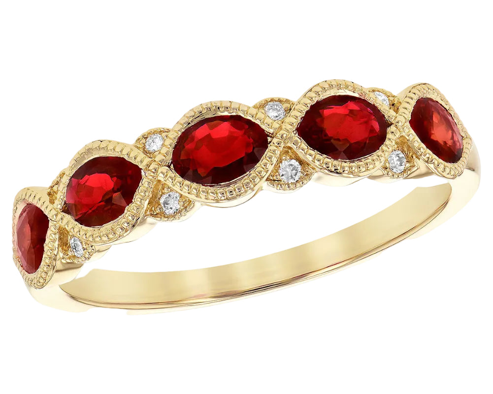 Ruby and Pave Diamond Band with Milgrain Detail- Yellow Gold