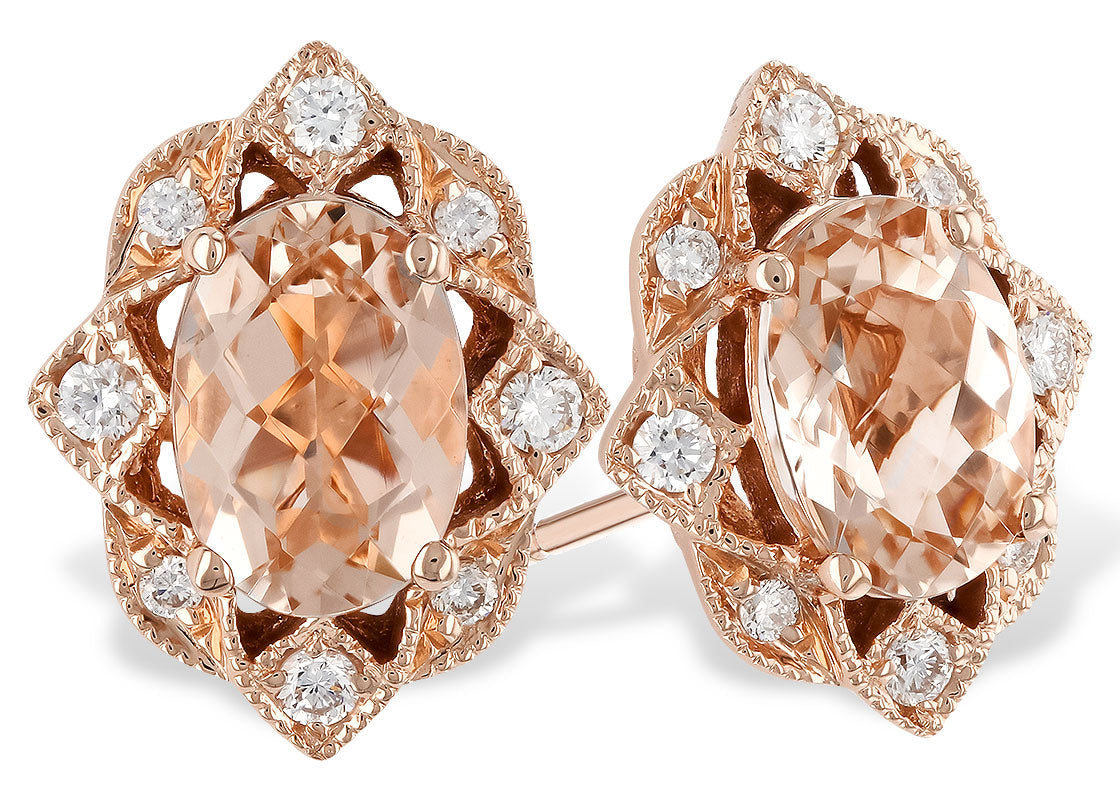 Morganite Stud Earrings with Diamond Halo - Rose Gold