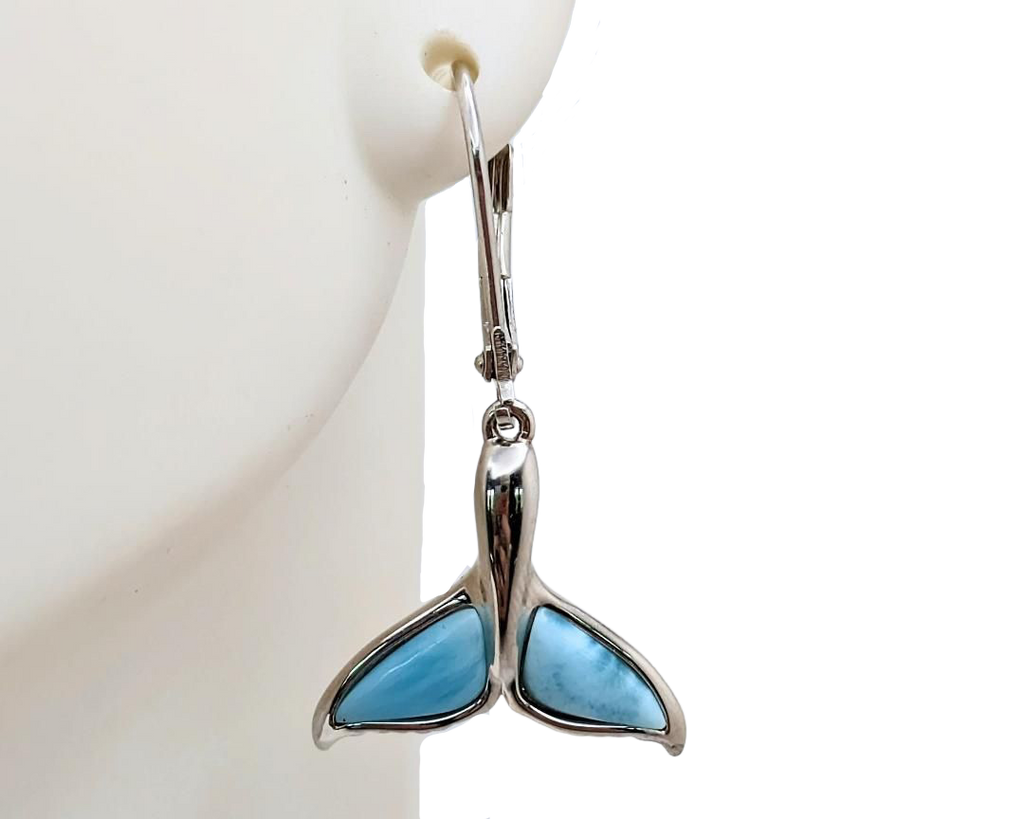 Whale Tail Dangle Earrings with Larimar Inlay - Sterling Silver