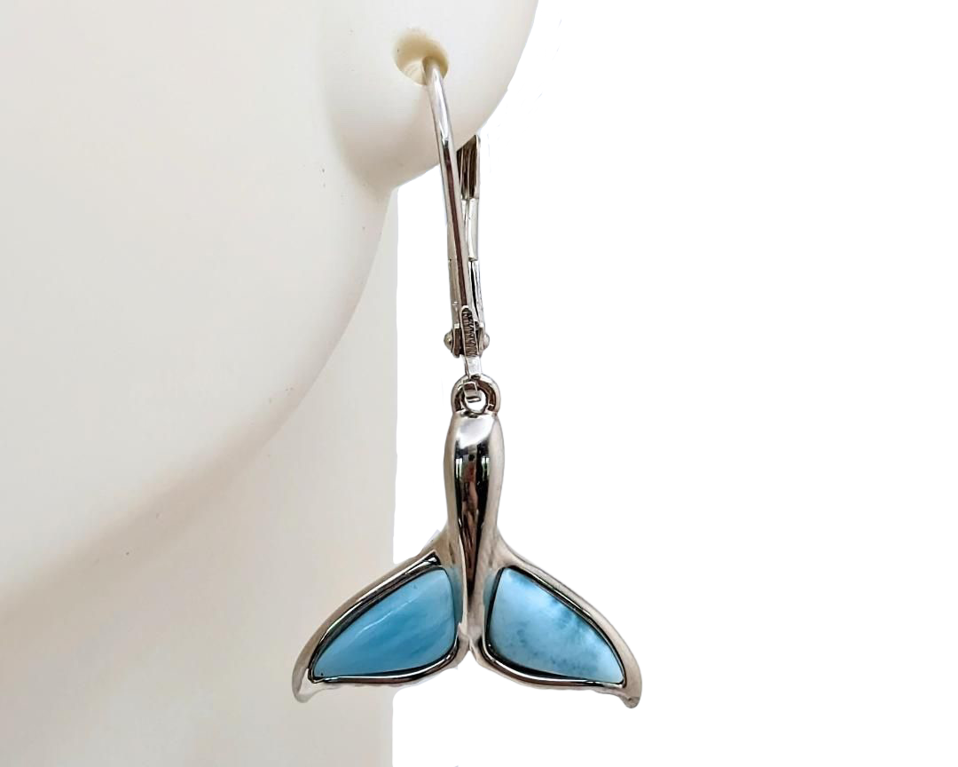 Whale Tail Dangle Earrings with Larimar Inlay - Sterling Silver
