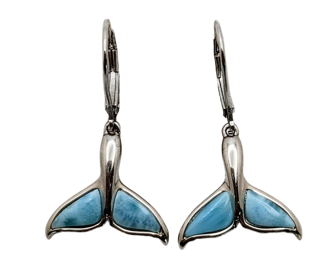 Whale Tail Dangle Earrings with Larimar Inlay - Sterling Silver