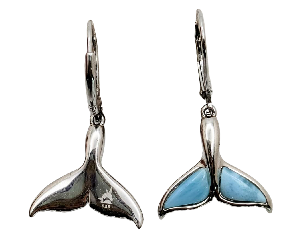 Whale Tail Dangle Earrings with Larimar Inlay - Sterling Silver