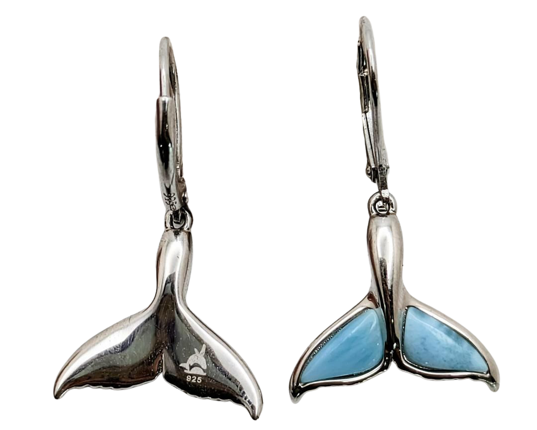 Whale Tail Dangle Earrings with Larimar Inlay - Sterling Silver
