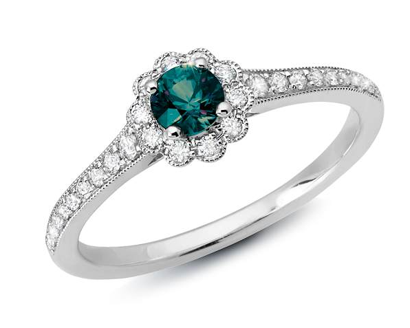Alexandrite Ring with Fancy Diamond Halo and Diamond Shank - White Gold