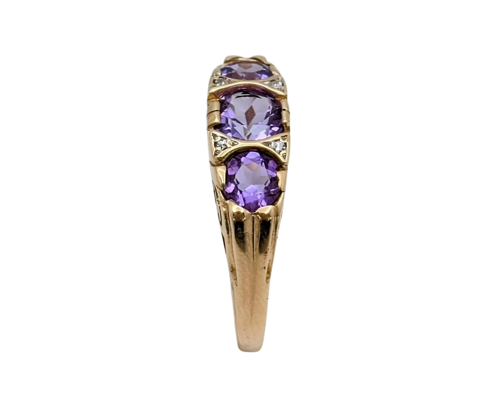 3 Stone Amethyst Filigree Ring with Accenting Diamonds - Yellow Gold