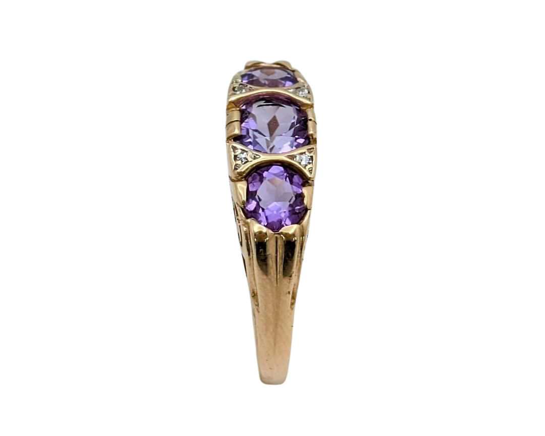 3 Stone Amethyst Filigree Ring with Accenting Diamonds - Yellow Gold