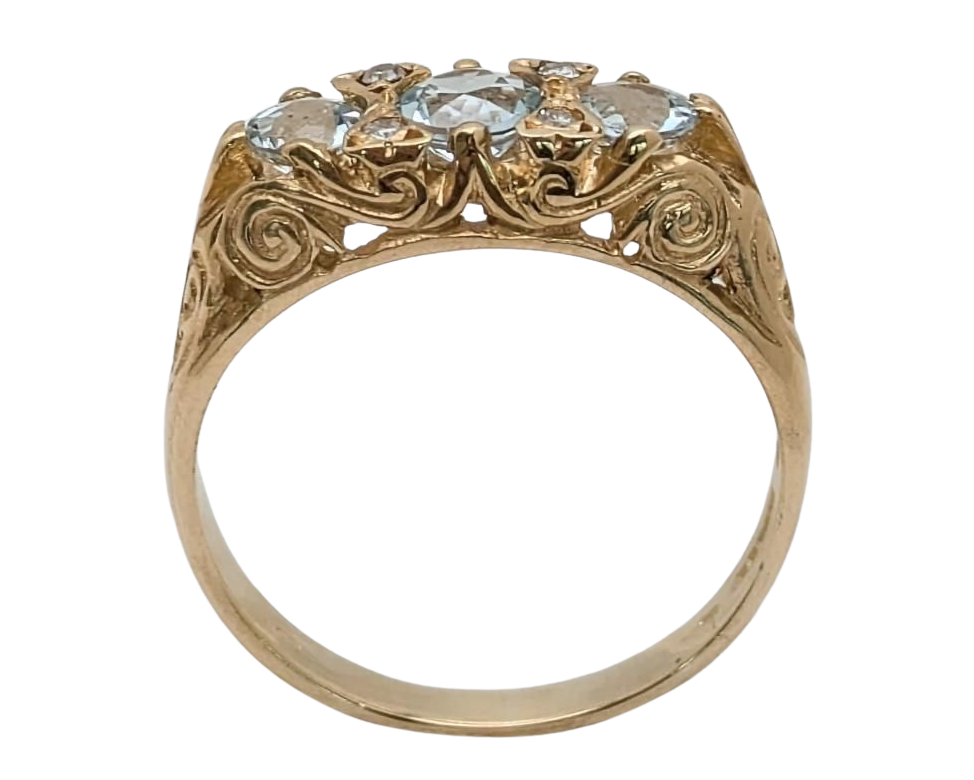 3 Stone Aquamarine Filigree Ring With Accent Diamonds - Yellow Gold