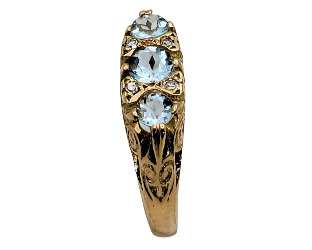 3 Stone Aquamarine Filigree Ring With Accent Diamonds - Yellow Gold
