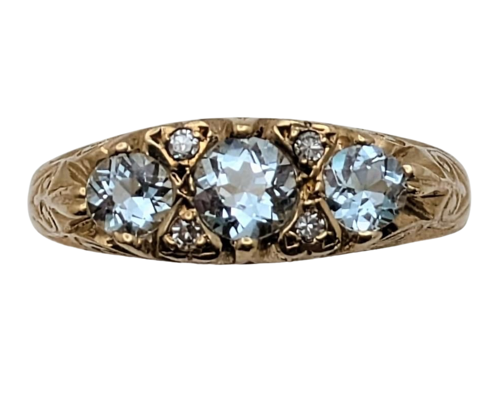 3 Stone Aquamarine Filigree Ring With Accent Diamonds - Yellow Gold