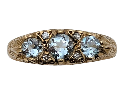 3 Stone Aquamarine Filigree Ring With Accent Diamonds - Yellow Gold