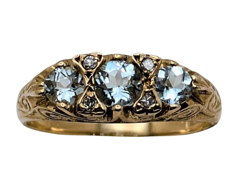 3 Stone Aquamarine Filigree Ring With Accent Diamonds - Yellow Gold